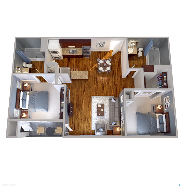 Floor plan for 2 beds, 2 baths, 865 sqft